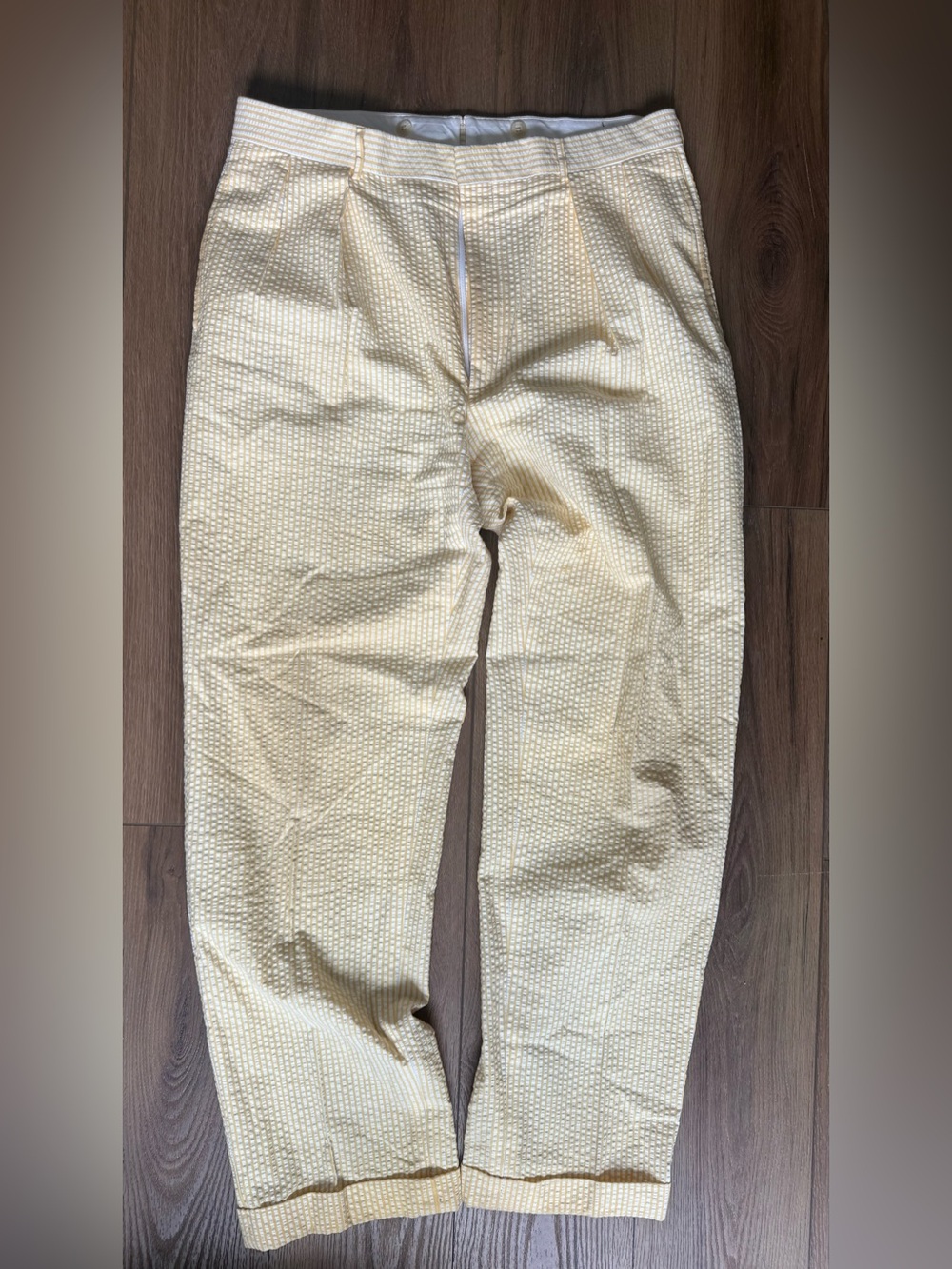 Polo Ralph Lauren Pinstripe Yellow White Pleated Seersucker Pant 36x32 Italy